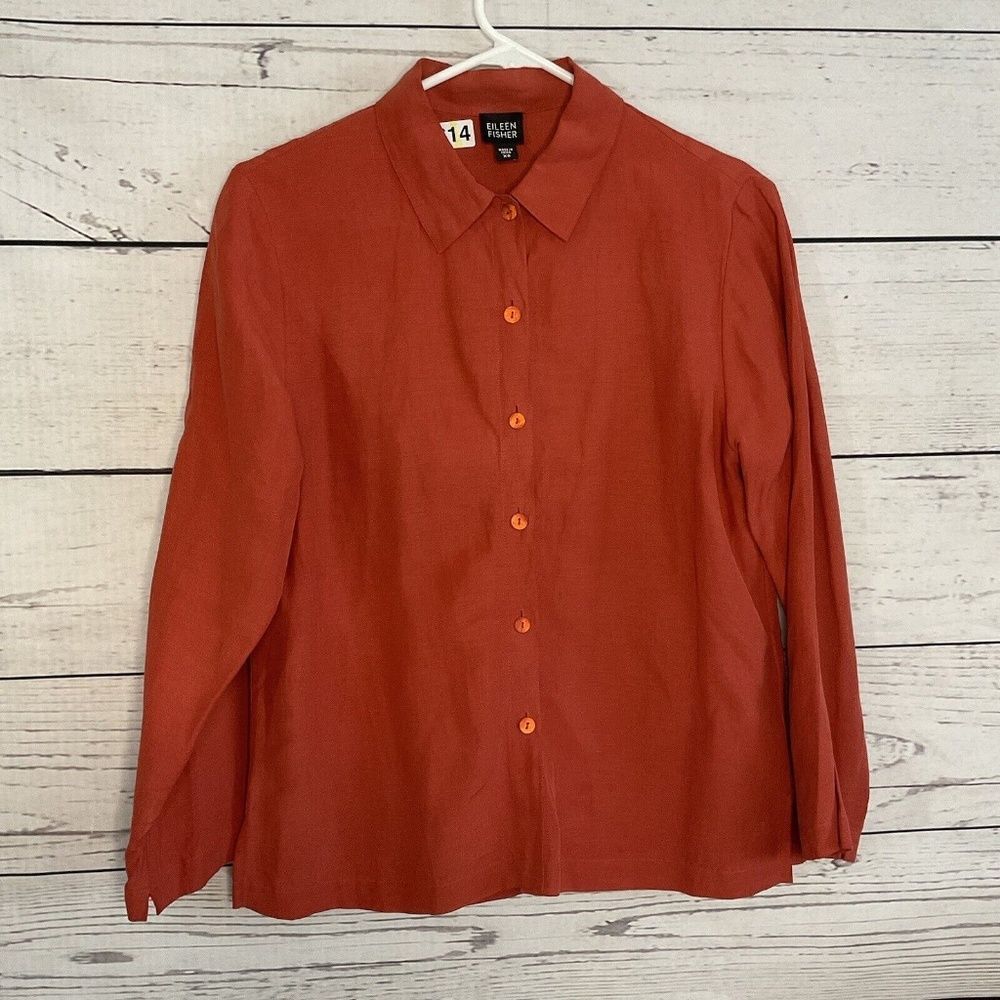 Vintage Eileen Fisher Womens Sienna/Orange Silk /Linen Button Up Shirt Size S